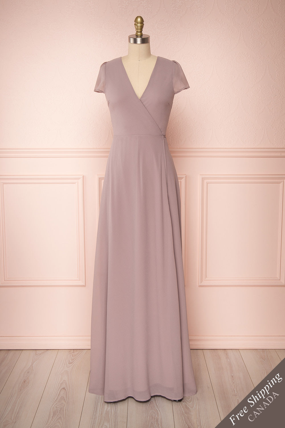 Debbie Taupe Mauve Minimalist Maxi Wrap Dress | Boudoir 1861 front view