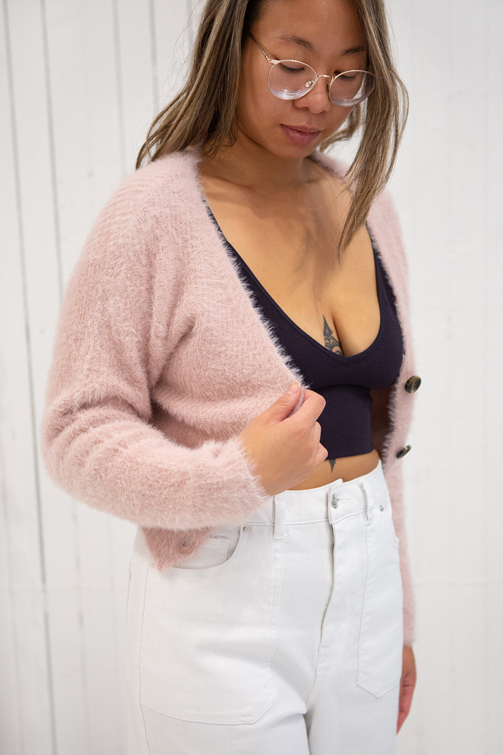 Delcia Pink Fuzzy Button-Up Cardigan | Boutique 1861