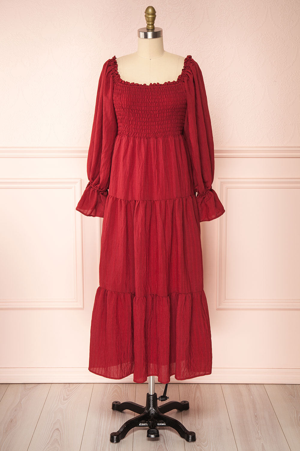 Diatou Wine Tiered Midi Dress w/ Square Neckline | Boutique 1861 front view