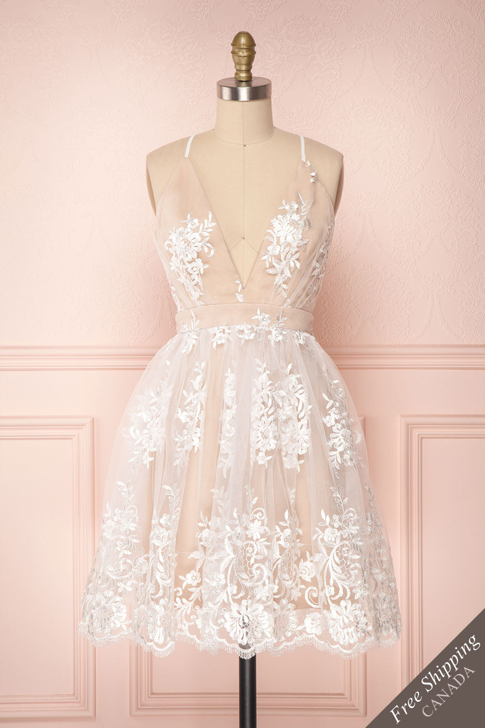 Dinora Ivory & Beige Short Floral A-Line Dress | Boudoir 1861