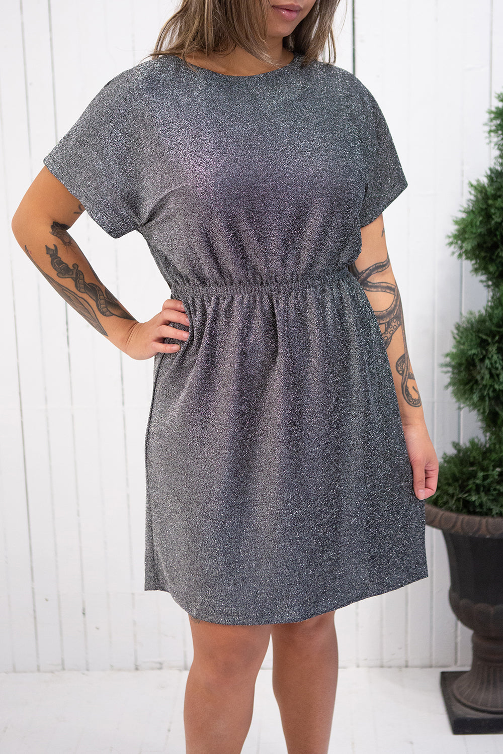 Dobele Silver Sparkling Short Sleeve Dress | La petite garçonne