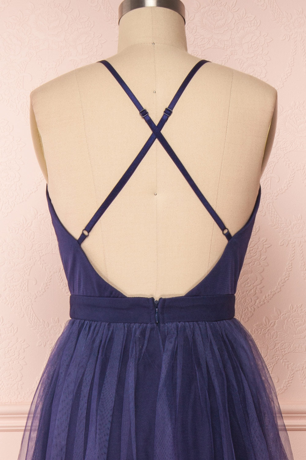 Docina Ocean Navy Blue & White Tulle Maxi Prom Dress | BACK CLOSE UP | Boutique 1861