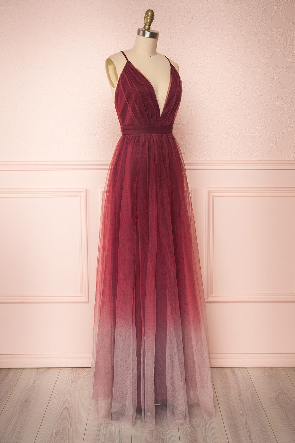 Docina Volcano Burgundy Tulle Maxi Prom Dress | SIDE VIEW | Boutique 1861