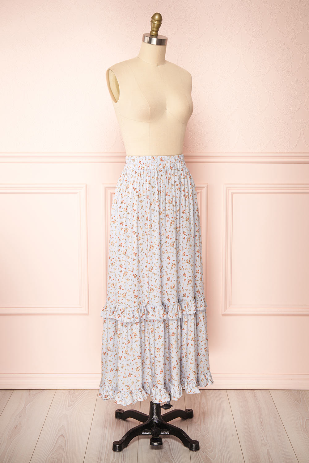 Dorys Blue | Floral Midi Skirt With Elastic Waist side view