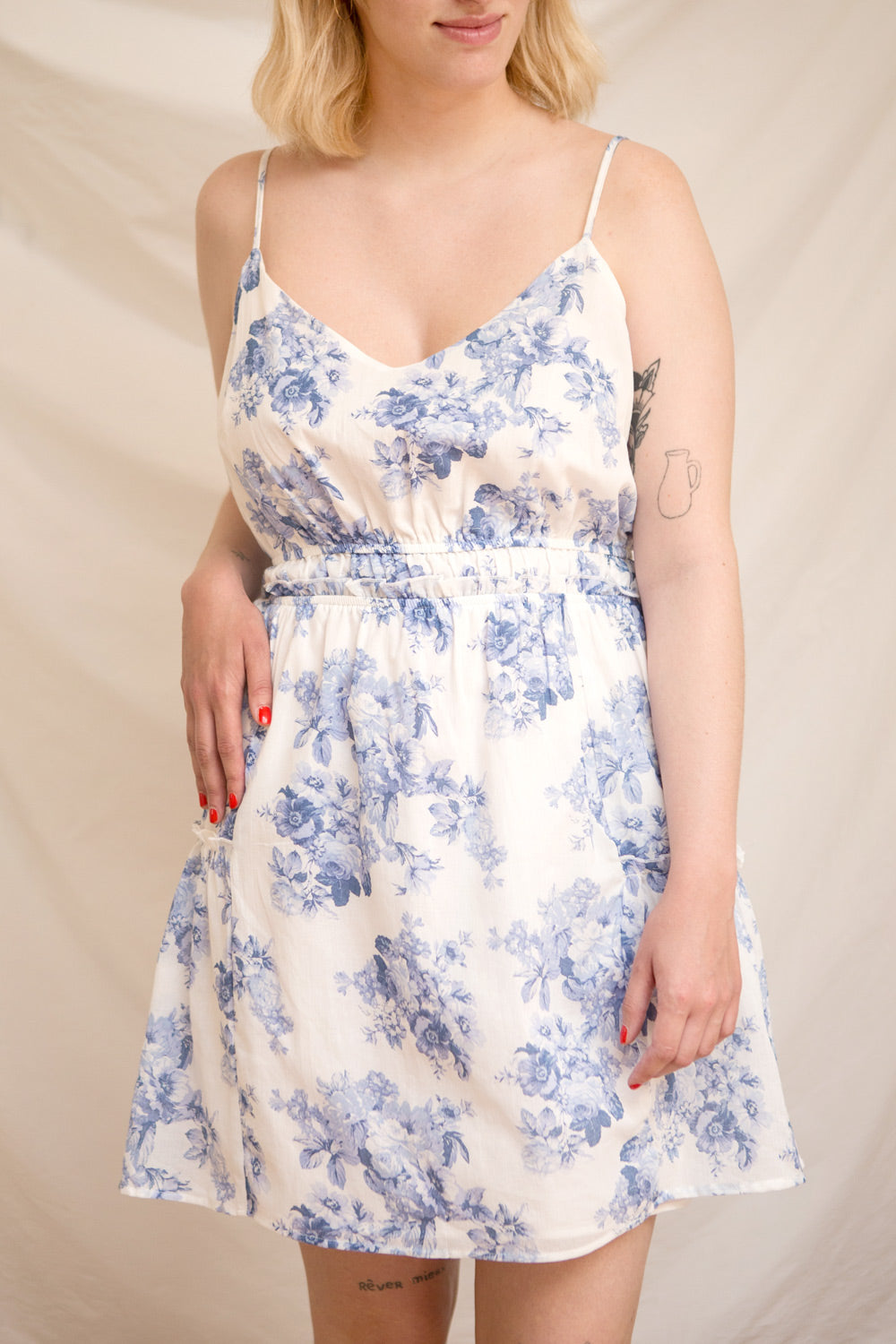 Draba Floral Blue & White A-Line Short Dress | Boutique 1861 model