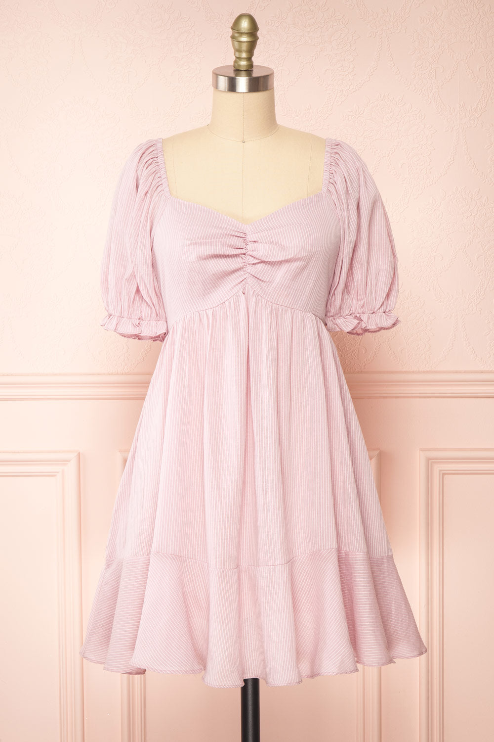 Dreew Short Pinstripe Dress w/ Puffy Sleeves | Boutique 1861 front view