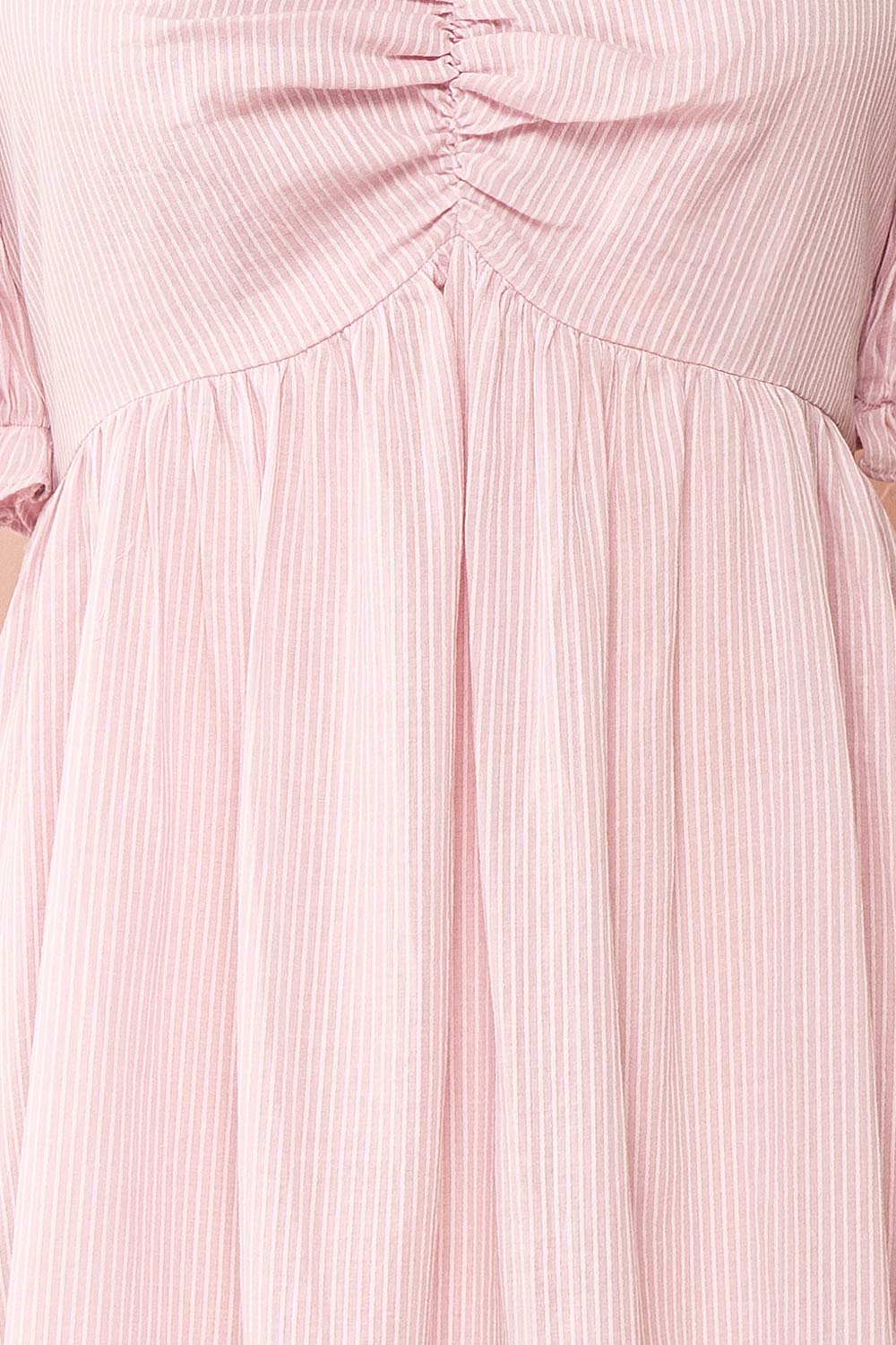 Dreew Short Pinstripe Dress w/ Puffy Sleeves | Boutique 1861 front close up