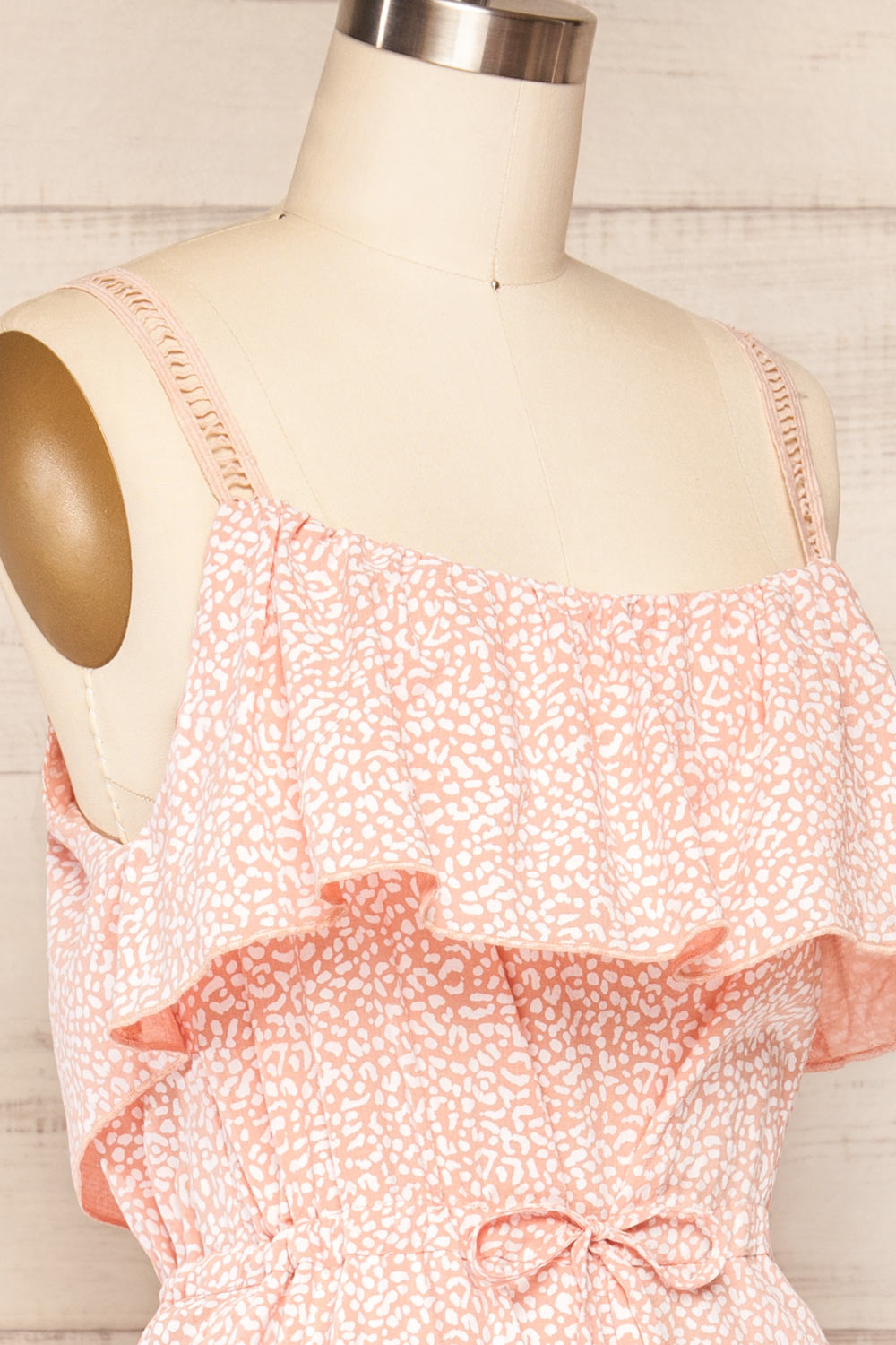 Drezdenko Pink Straight Leg Jumpsuit with Frills | La petite garçonne side close-up