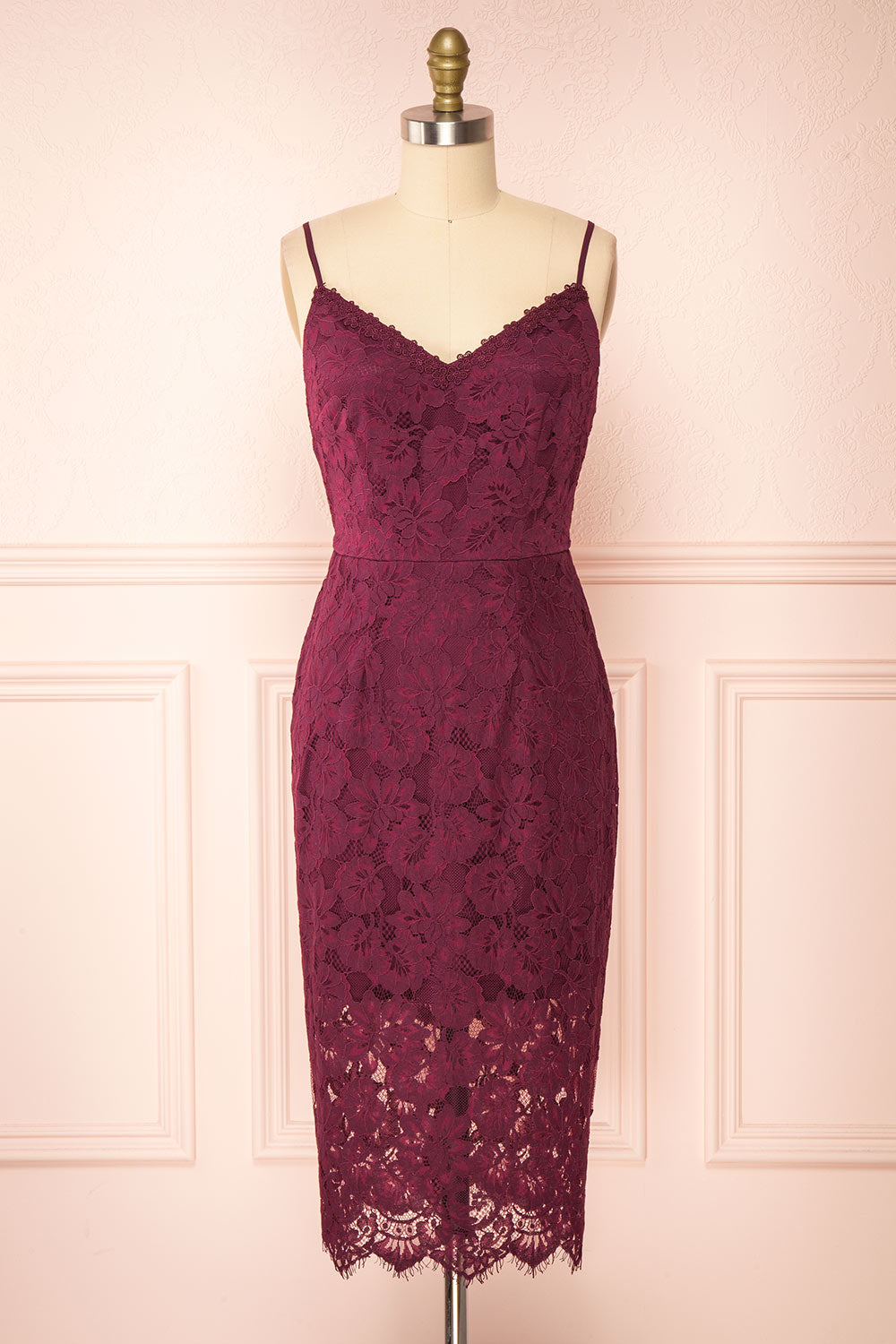 Dysis Burgundy Floral Lace Midi Dress | La petite garçonne front view