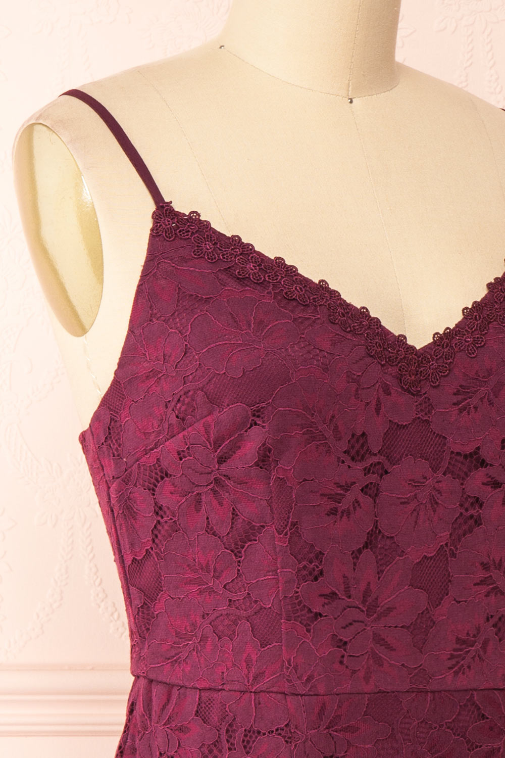 Dysis Burgundy Floral Lace Midi Dress | La petite garçonne side close-up