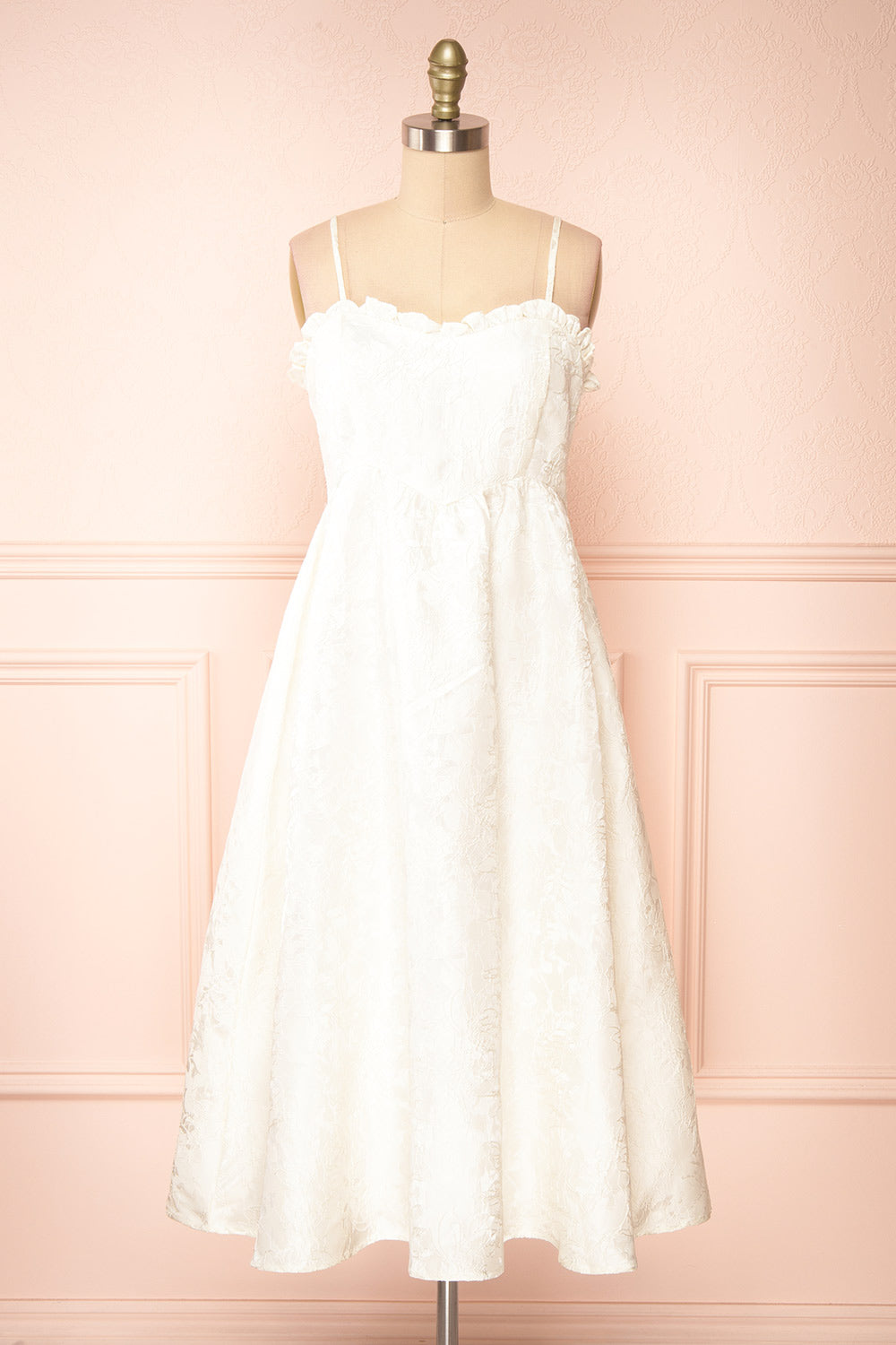 Nezuko White A Line Embroidered Bridal Midi Dress