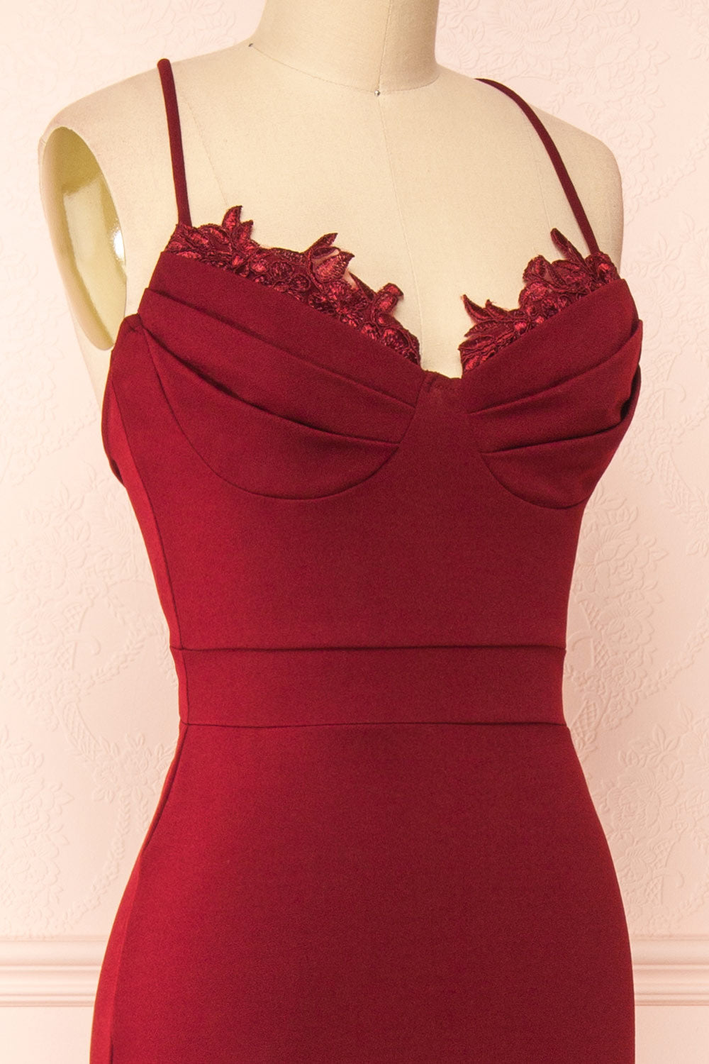 Edyth Burgundy Mermaid Maxi Dress | Boutique 1861 side close-up