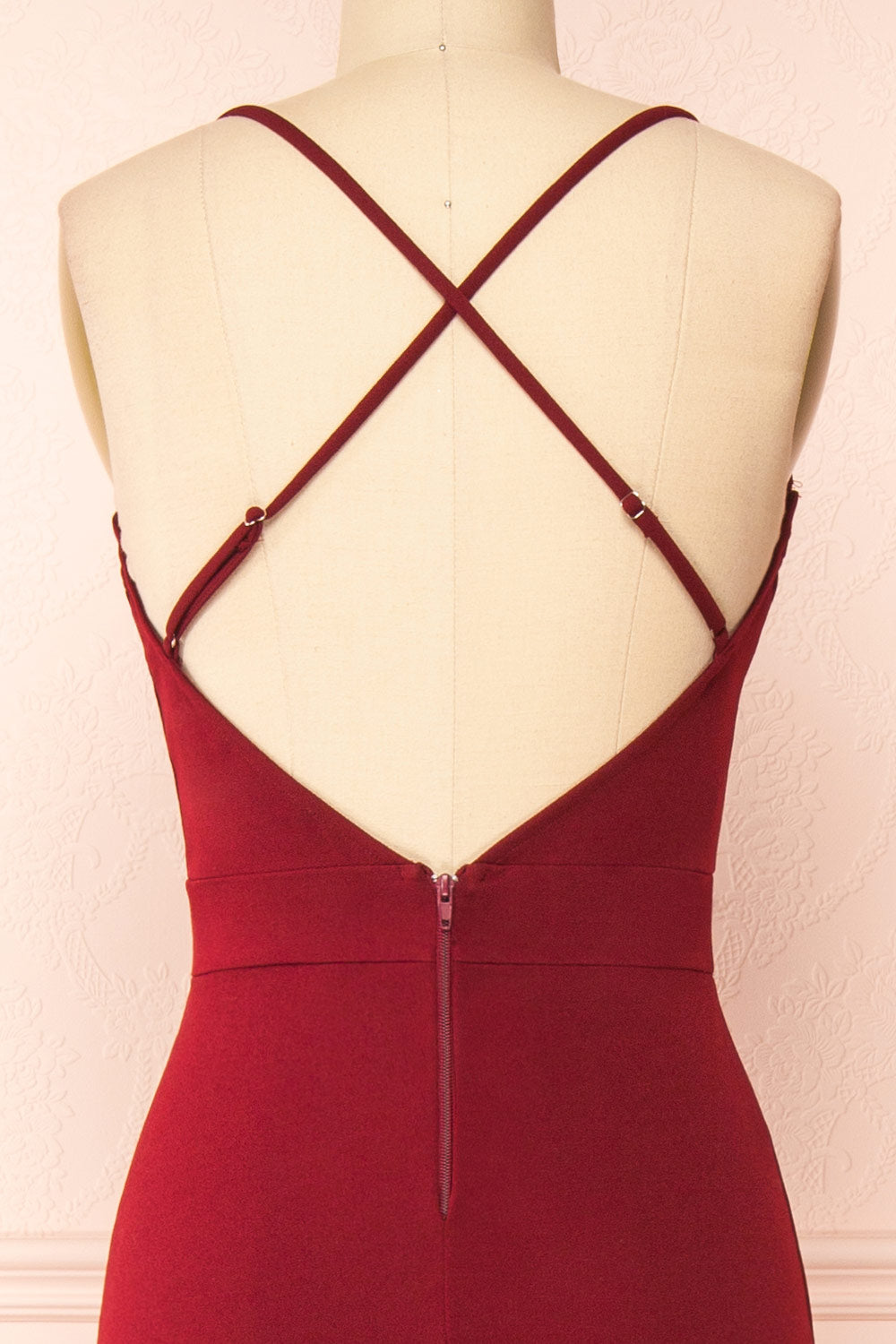 Edyth Burgundy Mermaid Maxi Dress | Boutique 1861 back close-up