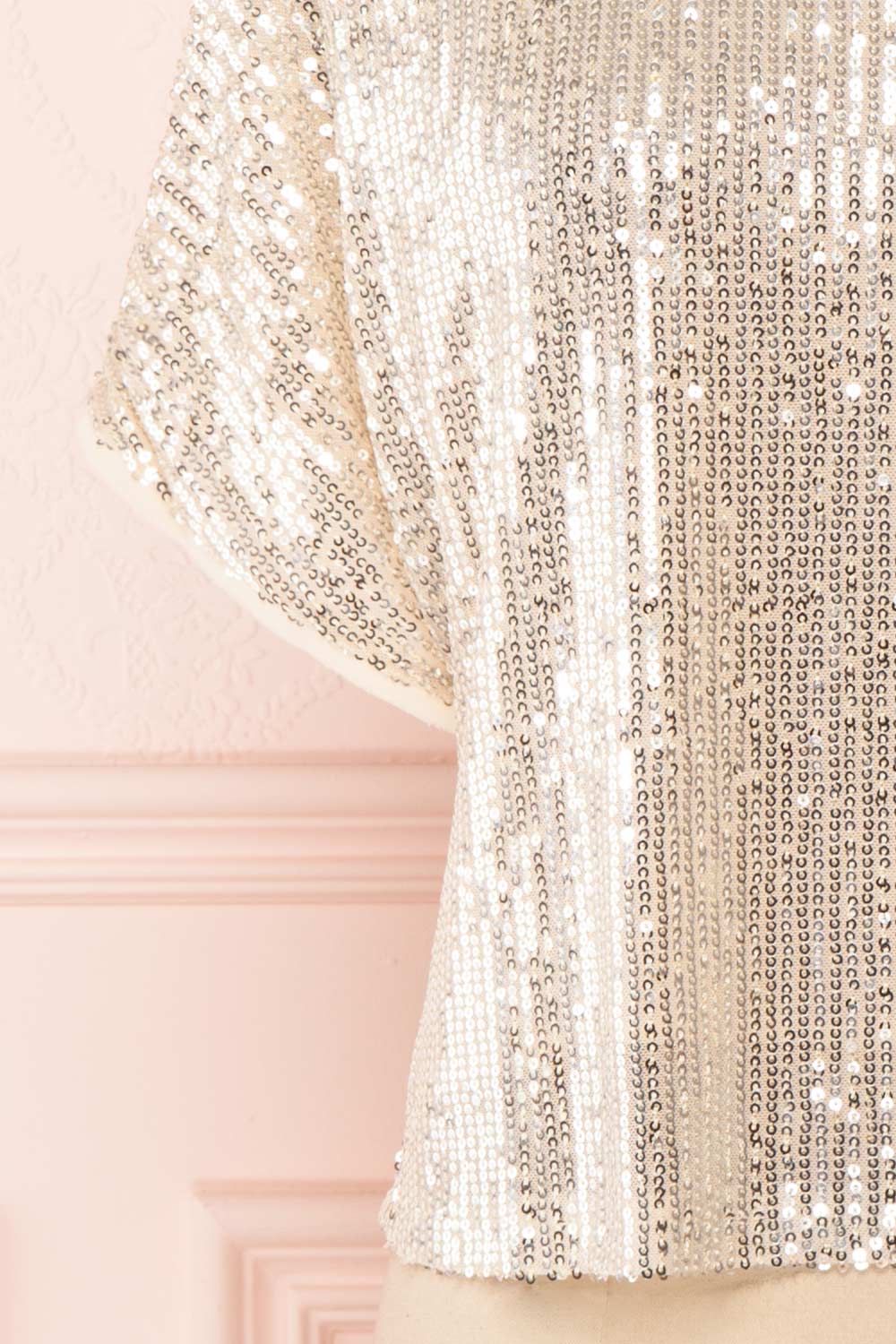 Eesha Beige Sequin Top | Haut à Paillettes bottom close up | Boutique 1861 back bottom close-up
