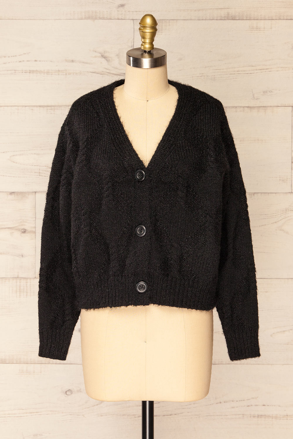 Eggje Black Button-Up Knit Cardigan | La petite garçonne front view