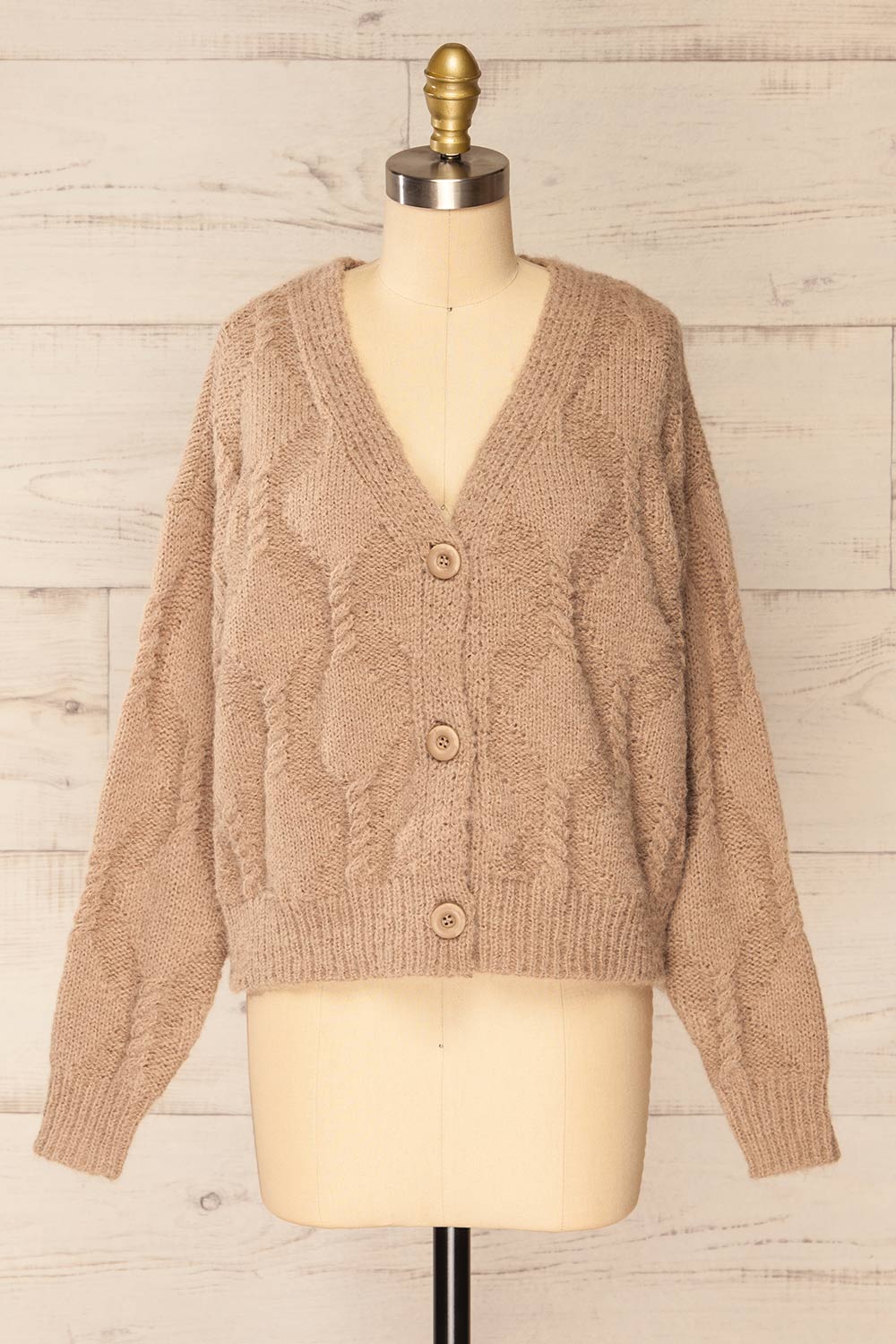Eggje Taupe Button-Up Knit Cardigan | La petite garçonne front view
