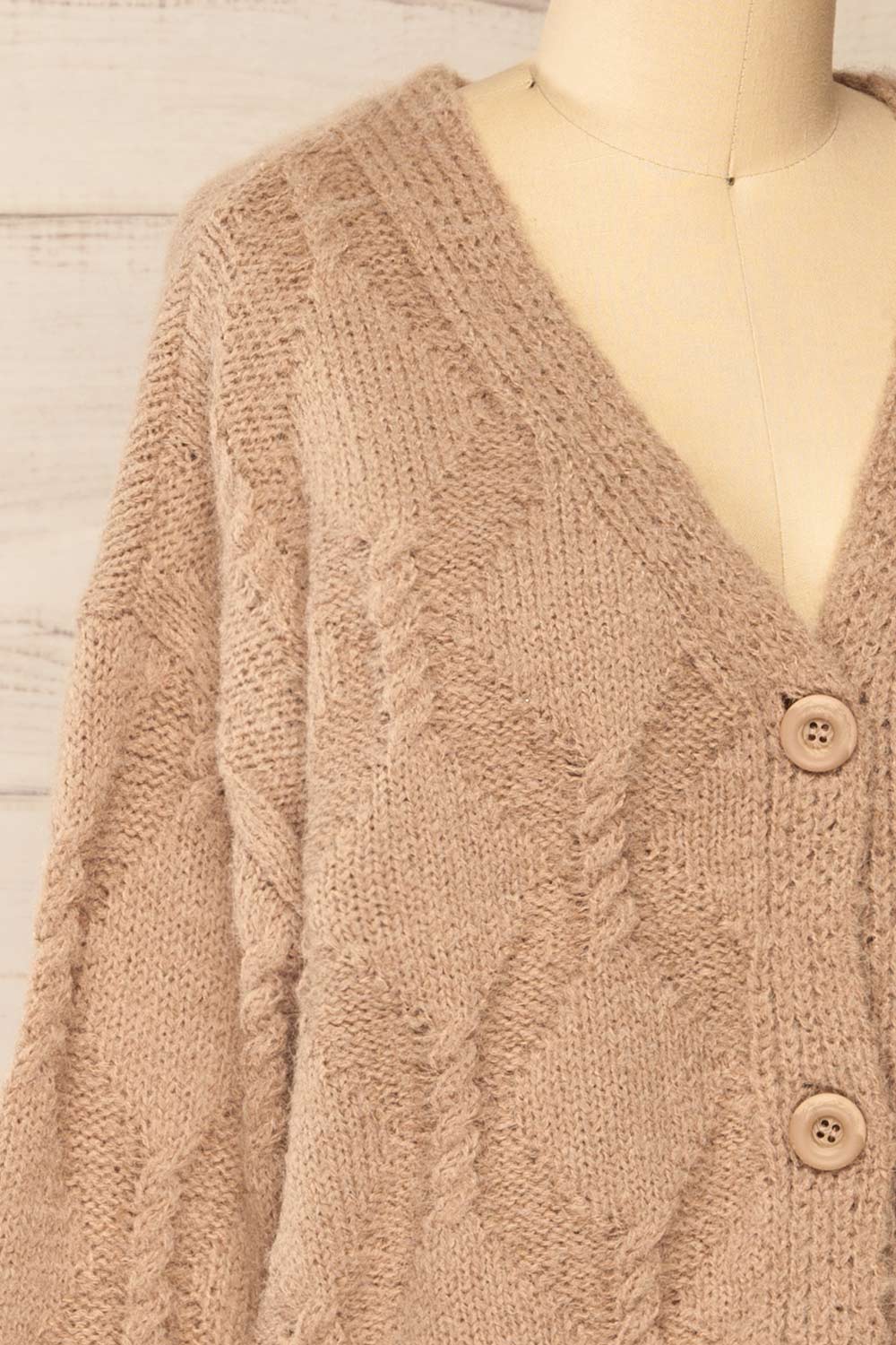 Eggje Taupe Button-Up Knit Cardigan | La petite garçonne side close-up