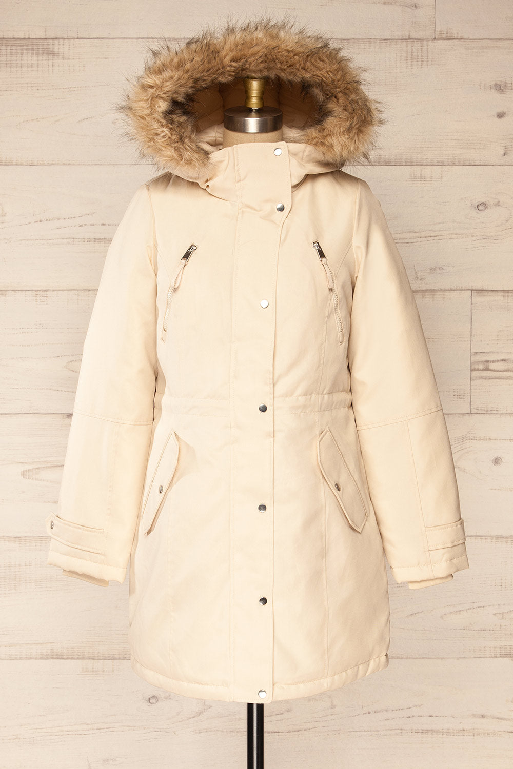 Eidfjord Beige Hooded Parka Coat | La petite garçonne front fur