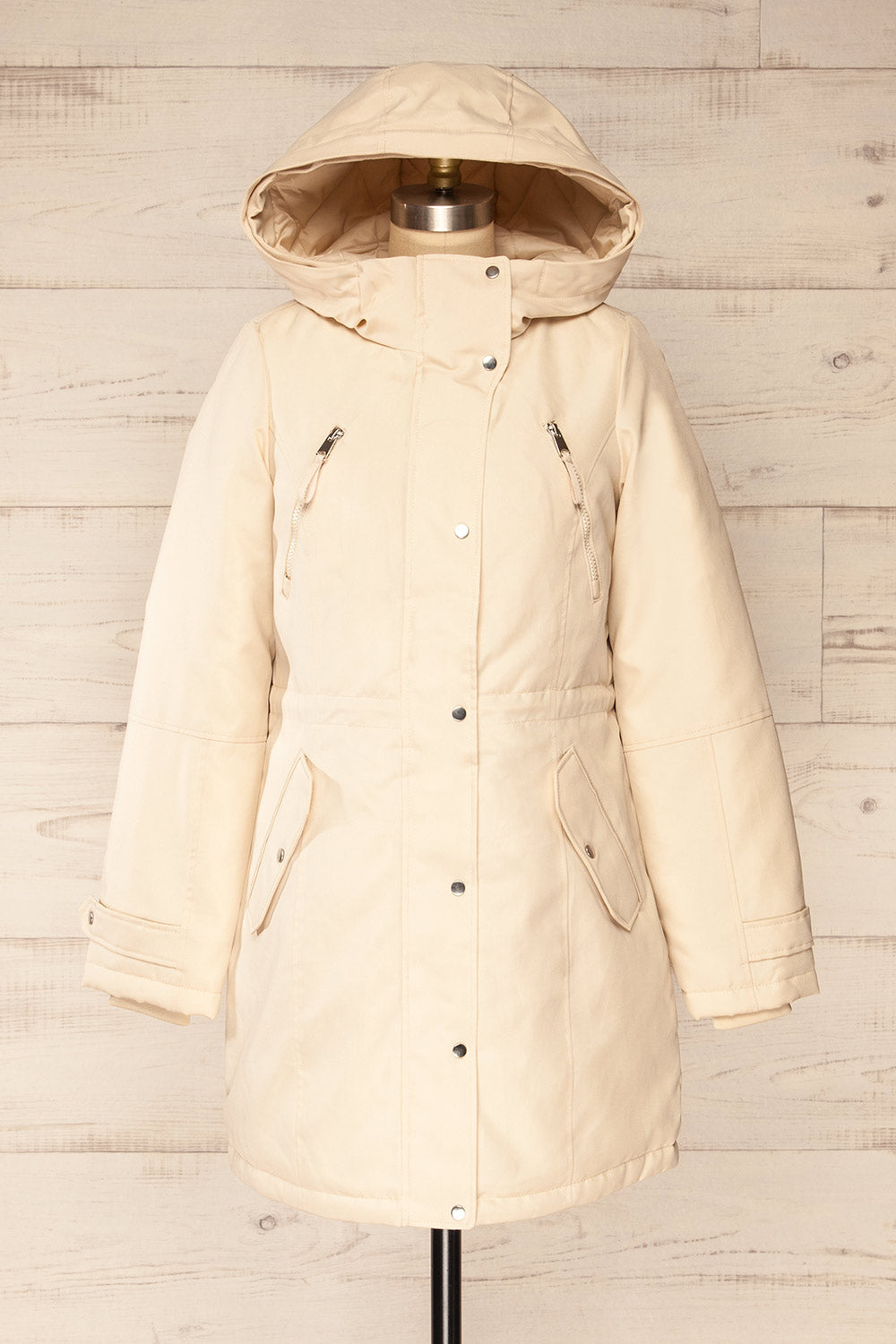 Eidfjord Beige Hooded Parka Coat | La petite garçonne front close-up