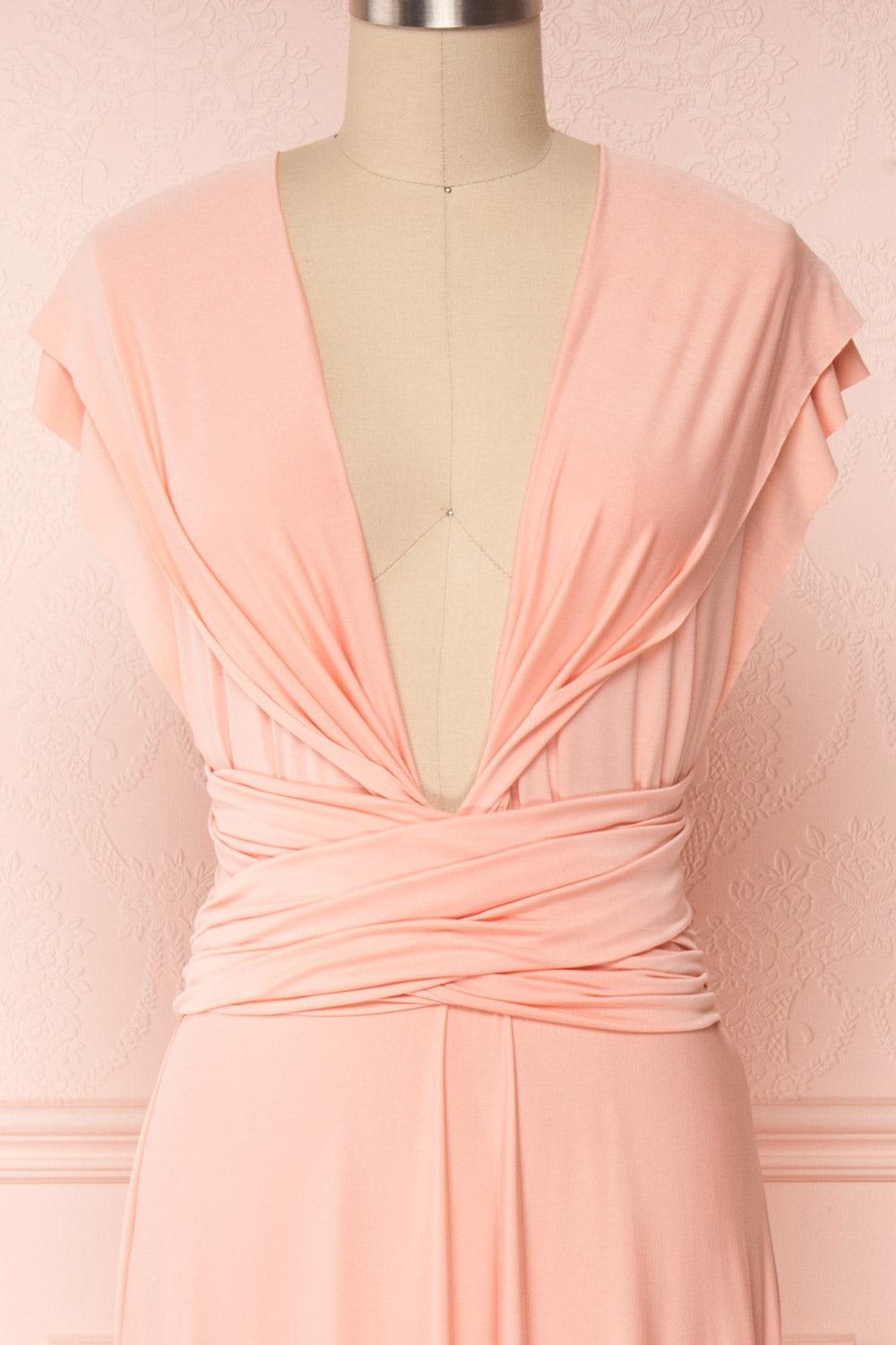 Elatia Blush Light Pink Convertible Dress front close up shoulder | Boudoir 1861 fourth look close-up