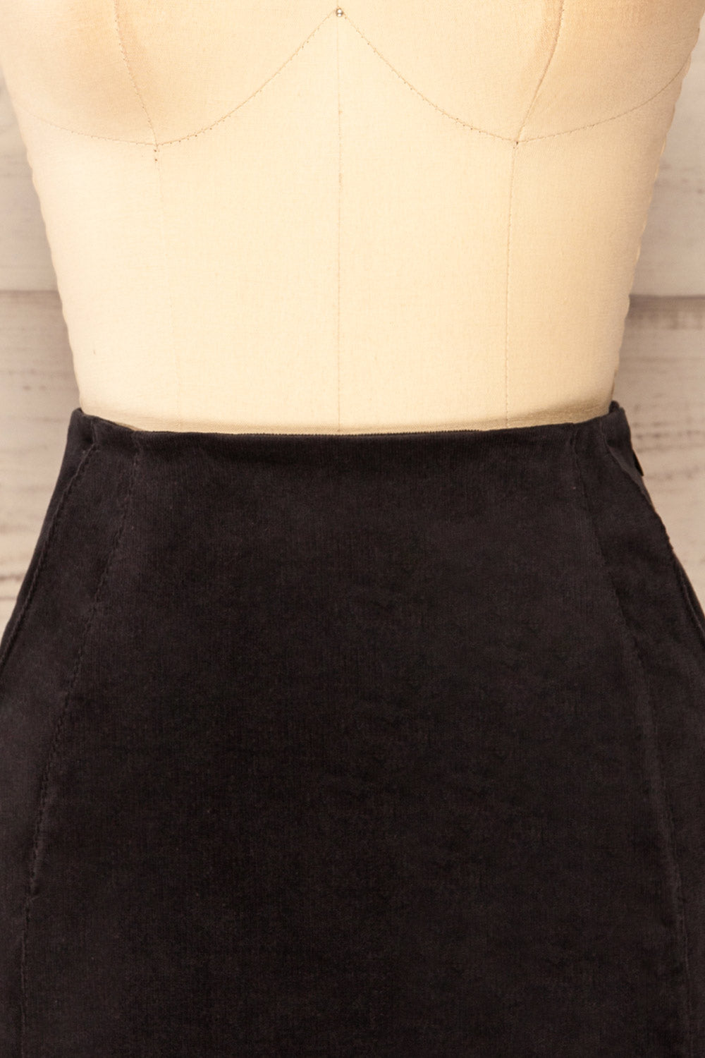 Elena Short Black Corduroy Skirt | La petite garçonne front close-up