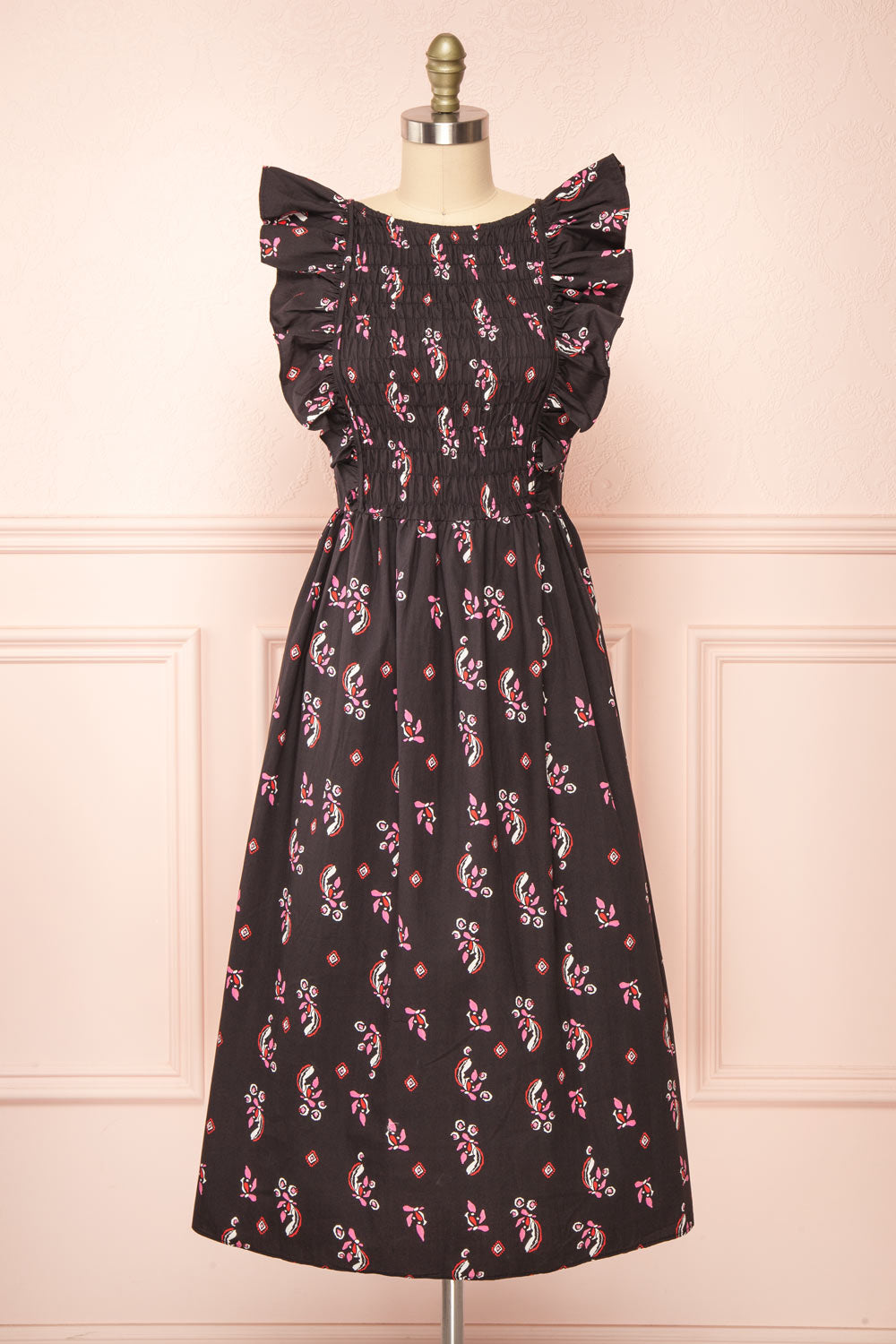 Elenomae Patterned Midi Dress w/ Lace-Up Back Boutique 1861 front view