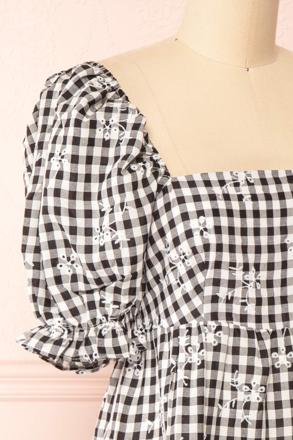 Elfie Black & White Short Tiered Gingham Print Dress | Boutique 1861 side close-up