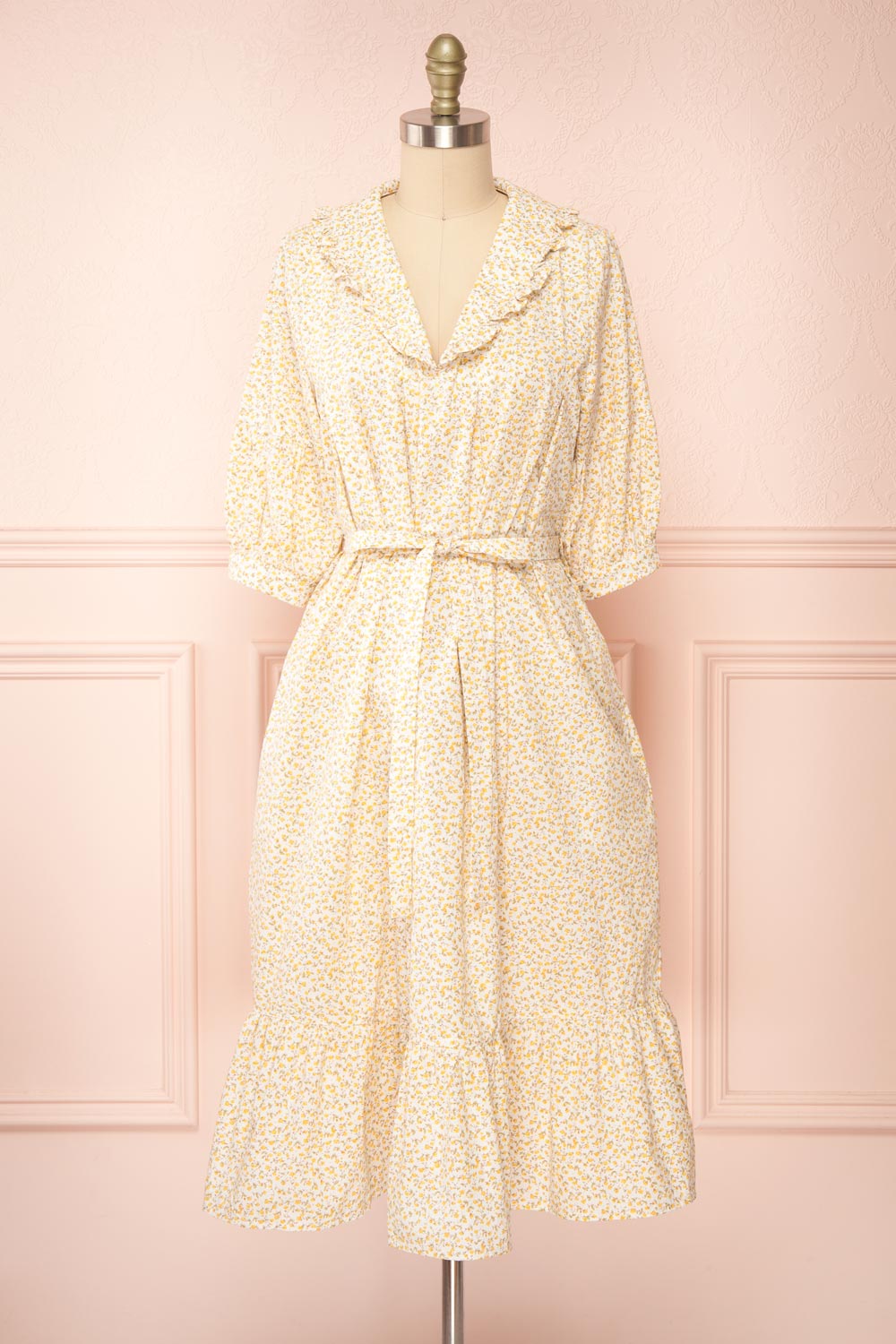 Emiliana Floral Midi Dress w/ Puffy Sleeves | Boutique 1861 front view