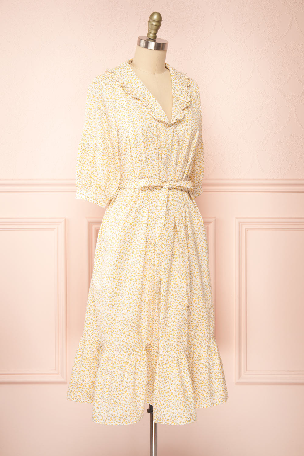 Emiliana Floral Midi Dress w/ Puffy Sleeves | Boutique 1861 side view