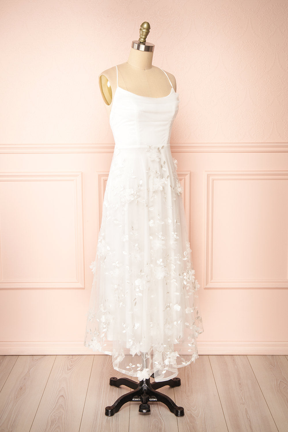 Eneka White Midi Tulle Dress w/ Floral Embroidery | Boudoir 1861 side view