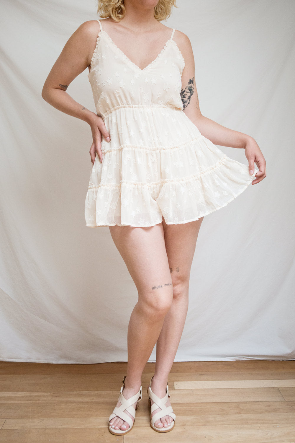 Enid Beige Star Patterned Romper w/ Thin Straps | Boutique 1861 model