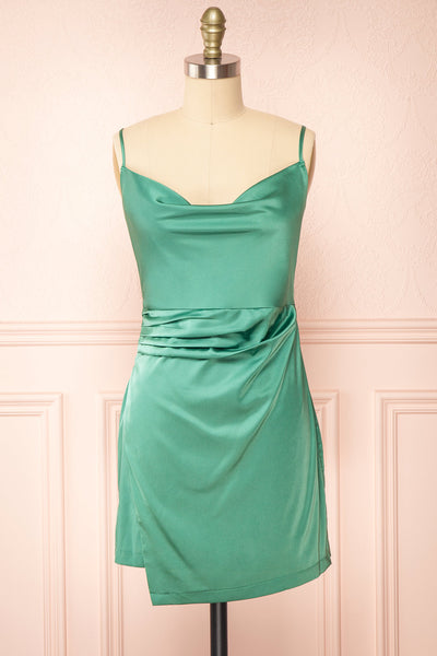 Enya Green Short Satin Dress w/ Cowl Neck | Boutique 1861 front view