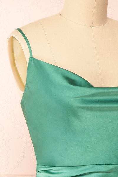 Enya Green Short Satin Dress w/ Cowl Neck | Boutique 1861 side close-up