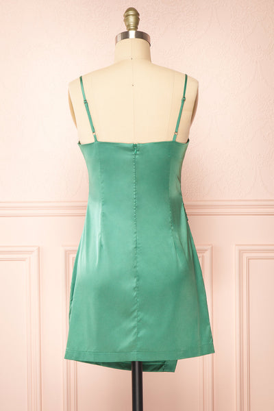 Enya Green Short Satin Dress w/ Cowl Neck | Boutique 1861 back view