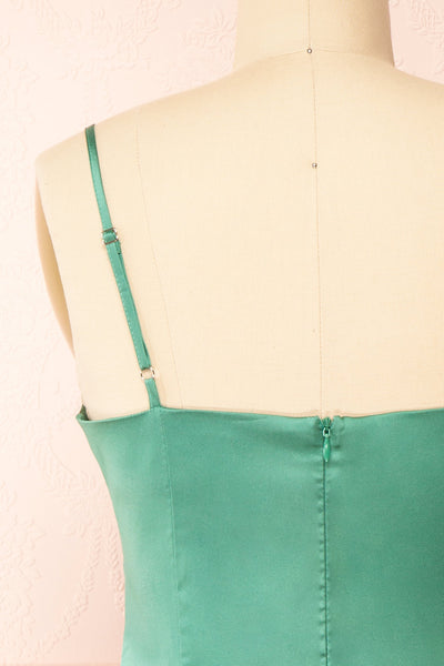 Enya Green Short Satin Dress w/ Cowl Neck | Boutique 1861 back close-up