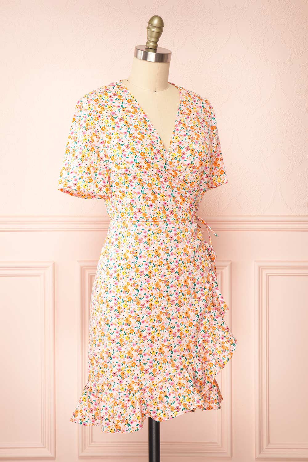 Esrin Orange Short Floral Wrap Dress | Boutique 1861 side view