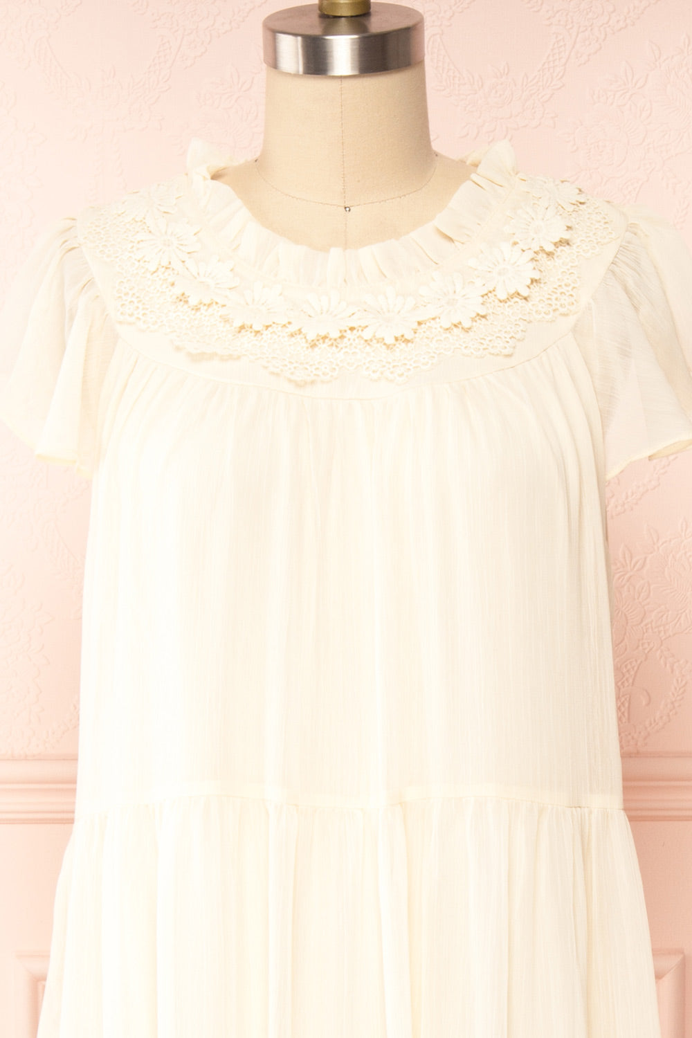 Eudoxia Beige Midi Dress w/ Embroidered Lace Collar | Boutique 1861 front close up