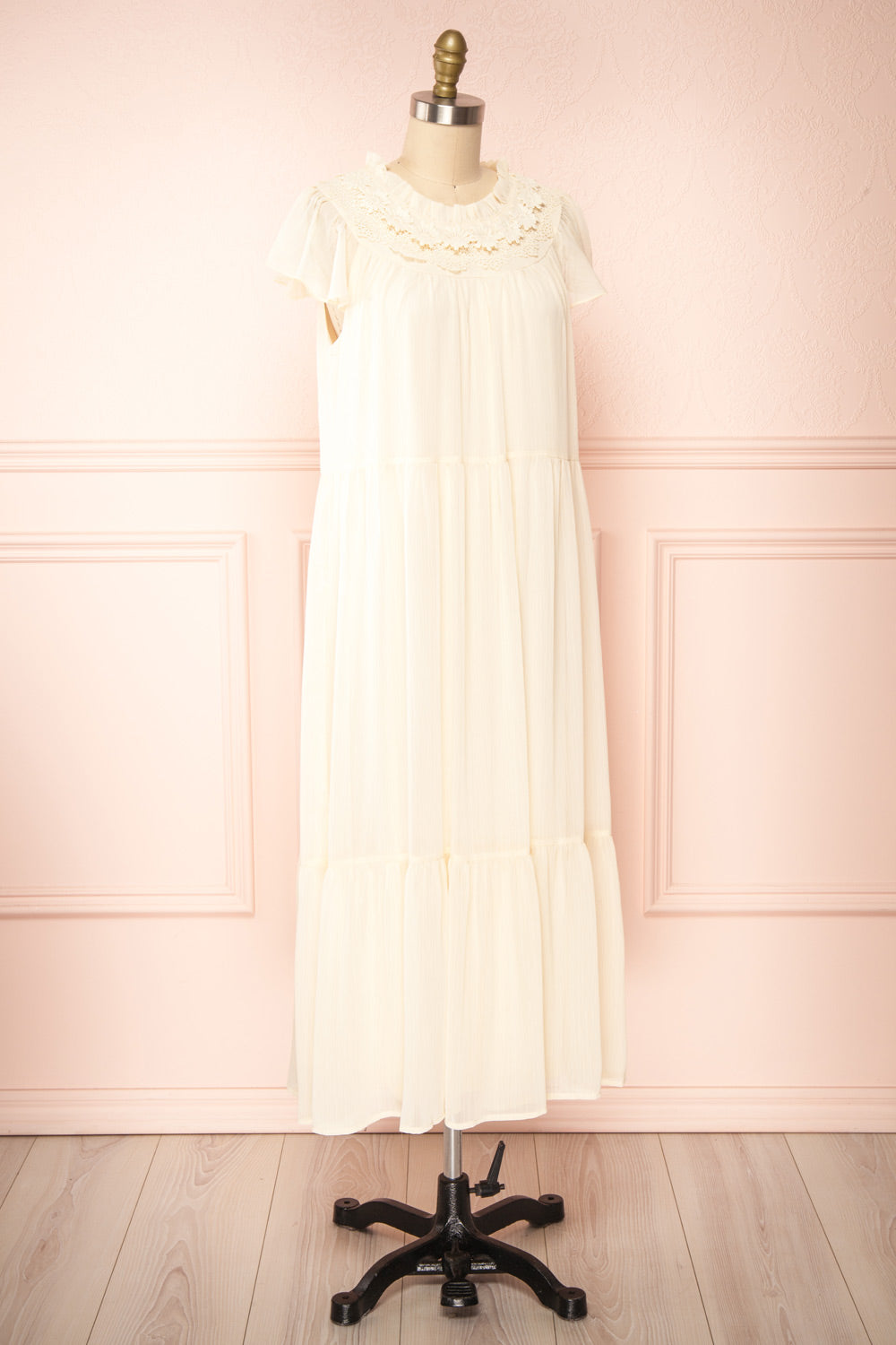 Eudoxia Beige Midi Dress w/ Embroidered Lace Collar | Boutique 1861 side view