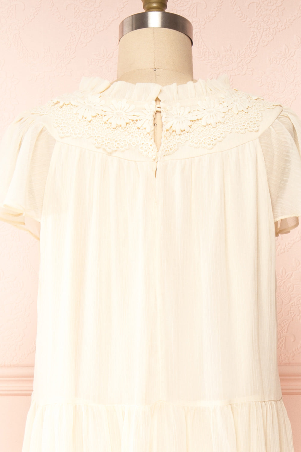 Eudoxia Beige Midi Dress w/ Embroidered Lace Collar | Boutique 1861back close up