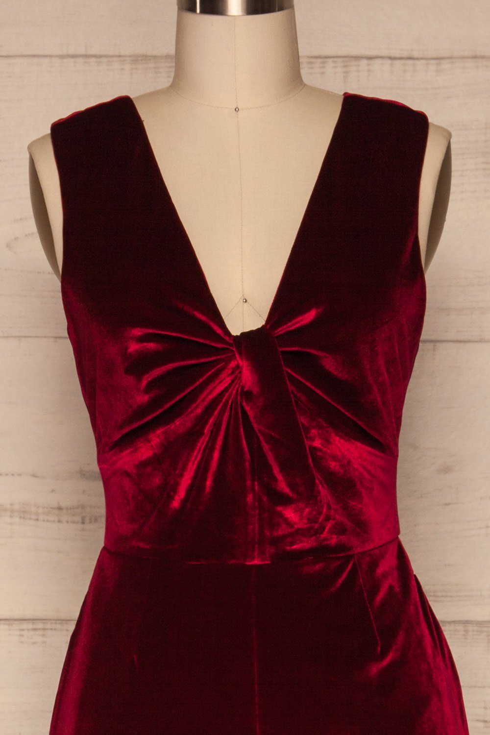 Eunomie Red Sleeveless Velvet Jumpsuit front close up | La Petite Garçonne