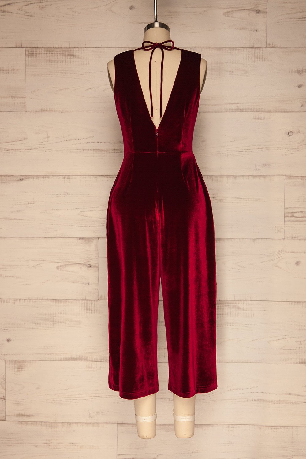 Eunomie Red Sleeveless Velvet Jumpsuit back view | La Petite Garçonne