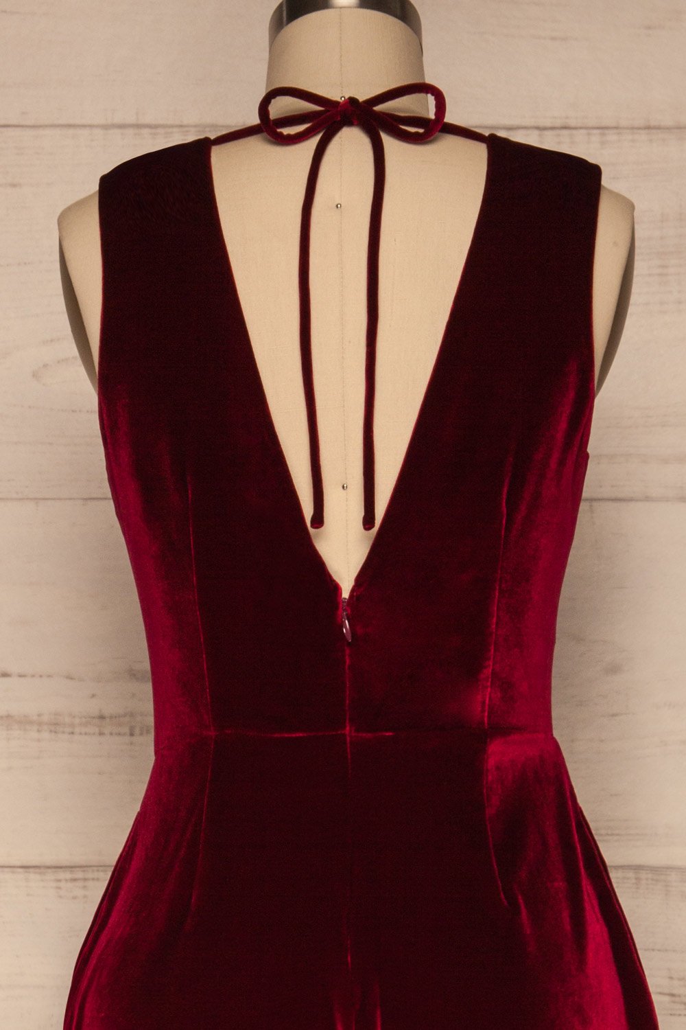 Eunomie Red Sleeveless Velvet Jumpsuit back close up | La Petite Garçonne