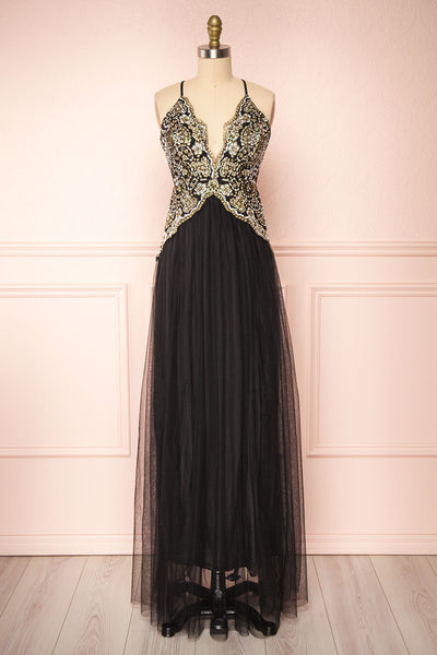 Evadne Black Gold Embroidered Maxi Dress | Boutique 1861 front view