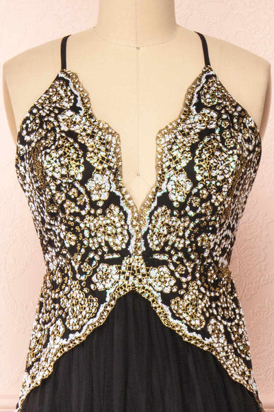 Evadne Black Gold Embroidered Maxi Dress | Boutique 1861 front close-up