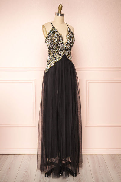 Evadne Black Gold Embroidered Maxi Dress | Boutique 1861 side view
