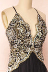 Evadne Black Gold Embroidered Maxi Dress | Boutique 1861 side close-up