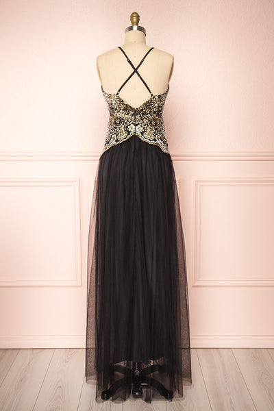 Evadne Black Gold Embroidered Maxi Dress | Boutique 1861  back view