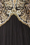 Evadne Black Gold Embroidered Maxi Dress | Boutique 1861 fabric