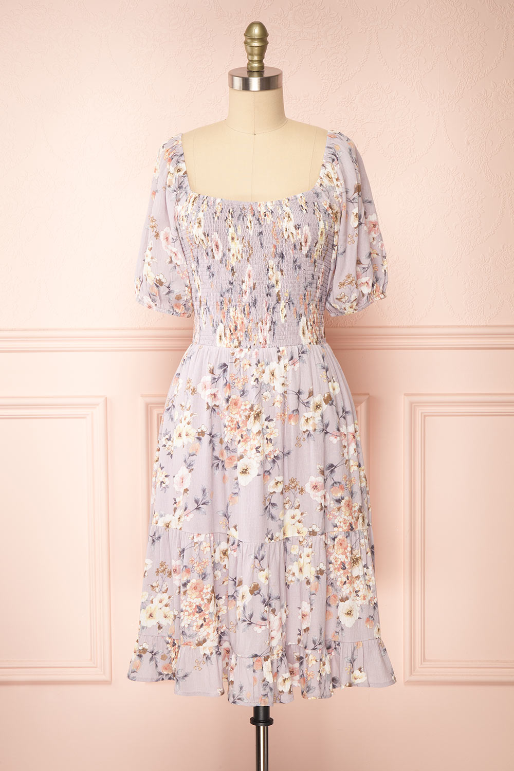 Evalina Lavender Floral Midi Dress | Boutique 1861 front view