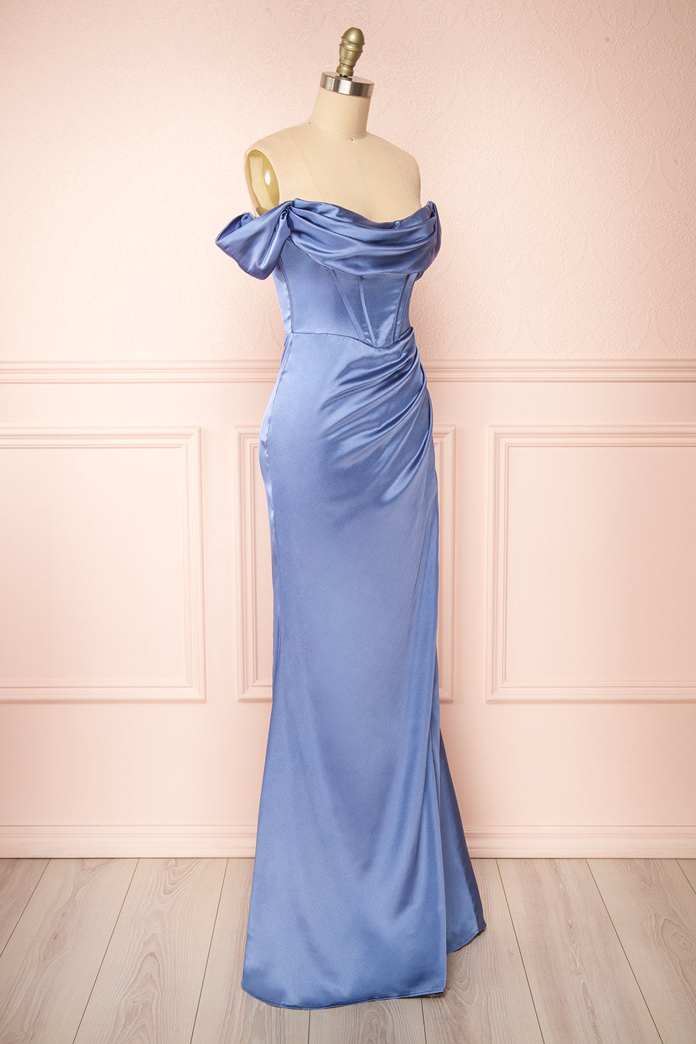 Evolet Blue Grey Off-Shoulder Corset Maxi Dress | Boudoir 1861  side view